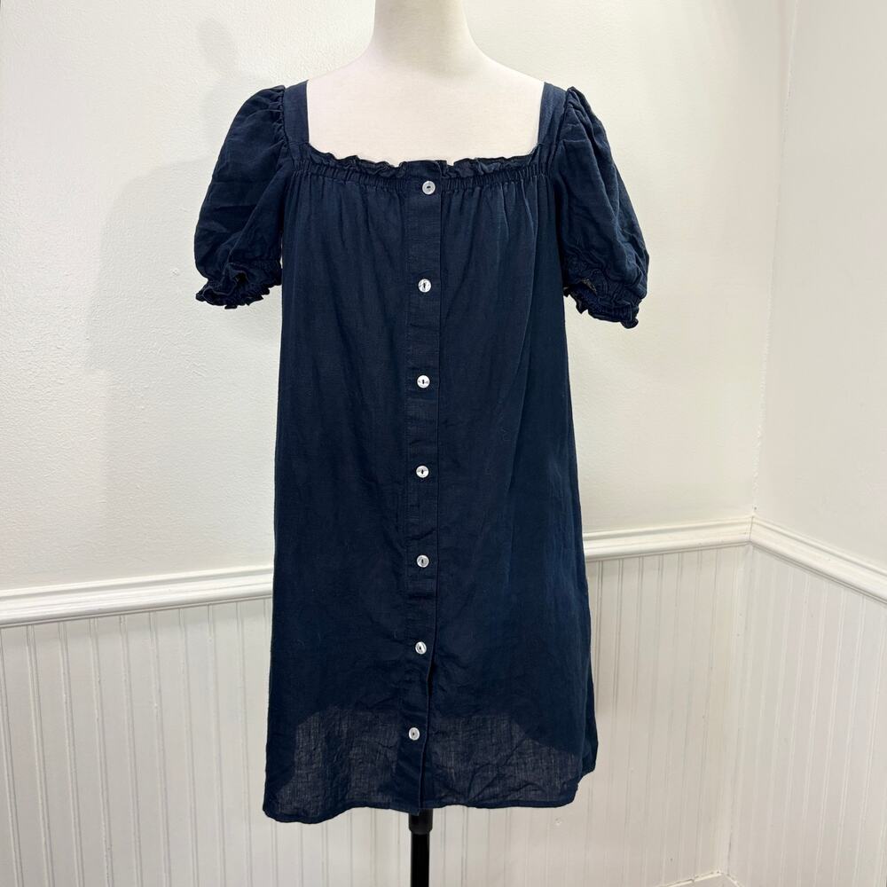 Sleeper Size S Mini Dress 100% Linen Navy Puff Sleeve Milk Maid Coquette Cottage